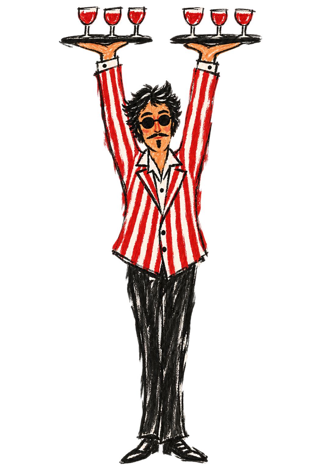 Hand-drawn Italian waiter in red and white stripes balancing trays of aperitivo glasses