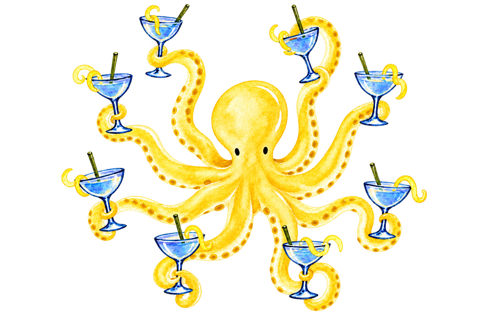Lemon-yellow hand-painted octopus holding blue coupe glasses with lemon twists